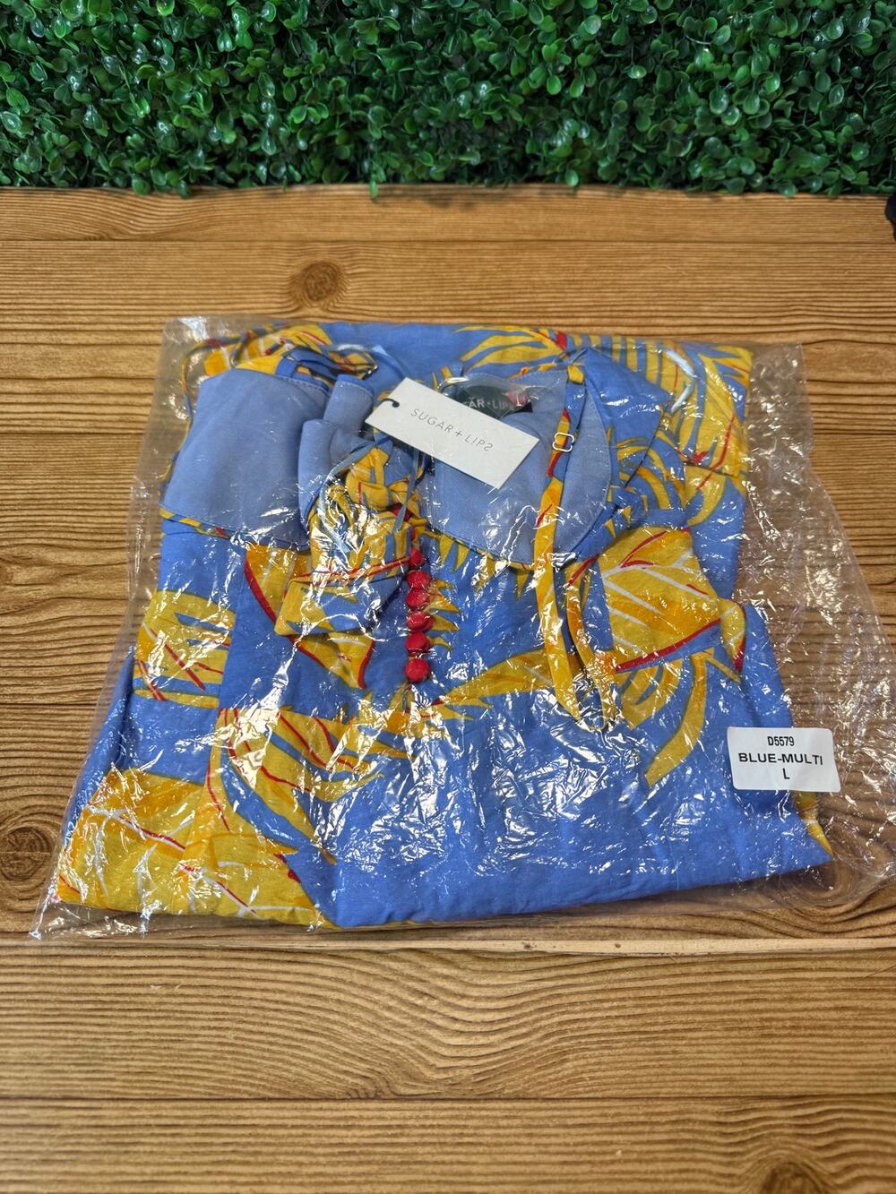 NWT Sugar Lips Womens Linen Blend Blue & Yellow Leaf Print Boutique Dress Large